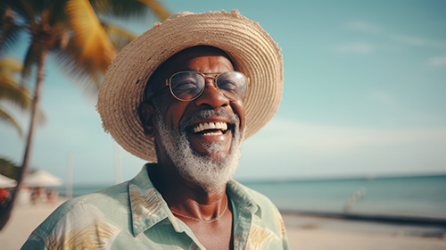 Hombre mayor sonriendo con sombrero de paja en la playa.