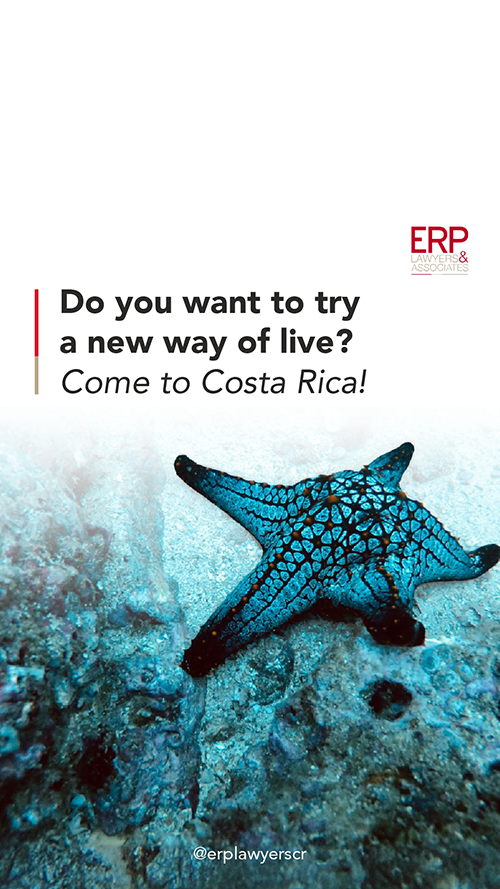 Blue starfish on the ocean floor in Costa Rica with the ERP Lawyers & Associates logo and the text 'Do you want to try a new way of life? Come to Costa Rica!